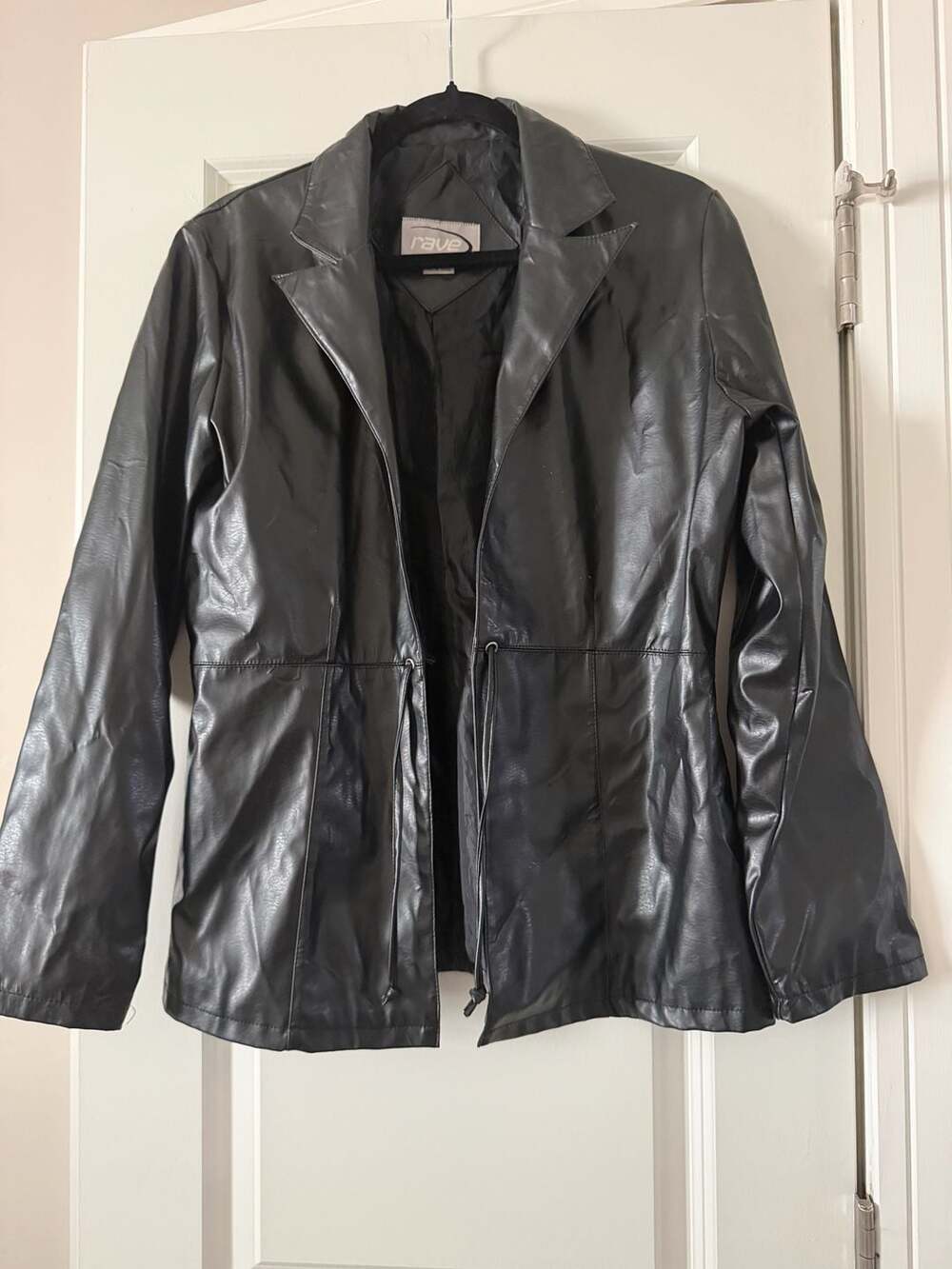 Vintage 90s Rave Black Faux Leather Trench Coat Jacket Size M